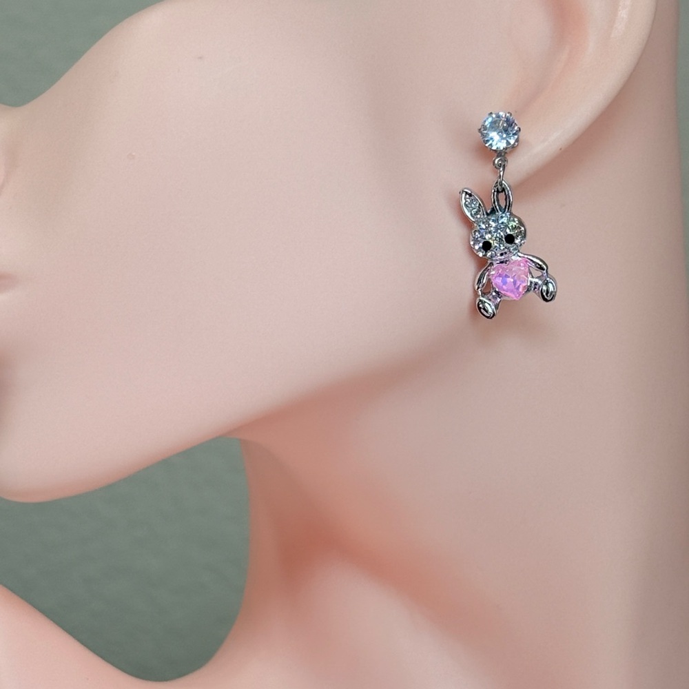 ⚜️ Silver and Pink Bunny Earrings - Picture 3 of 7